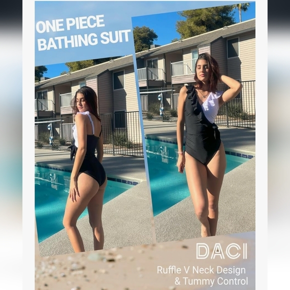 Black and White Ruffled One-Piece Swimsuit With Tummy Control NWT - Picture 3 of 16
